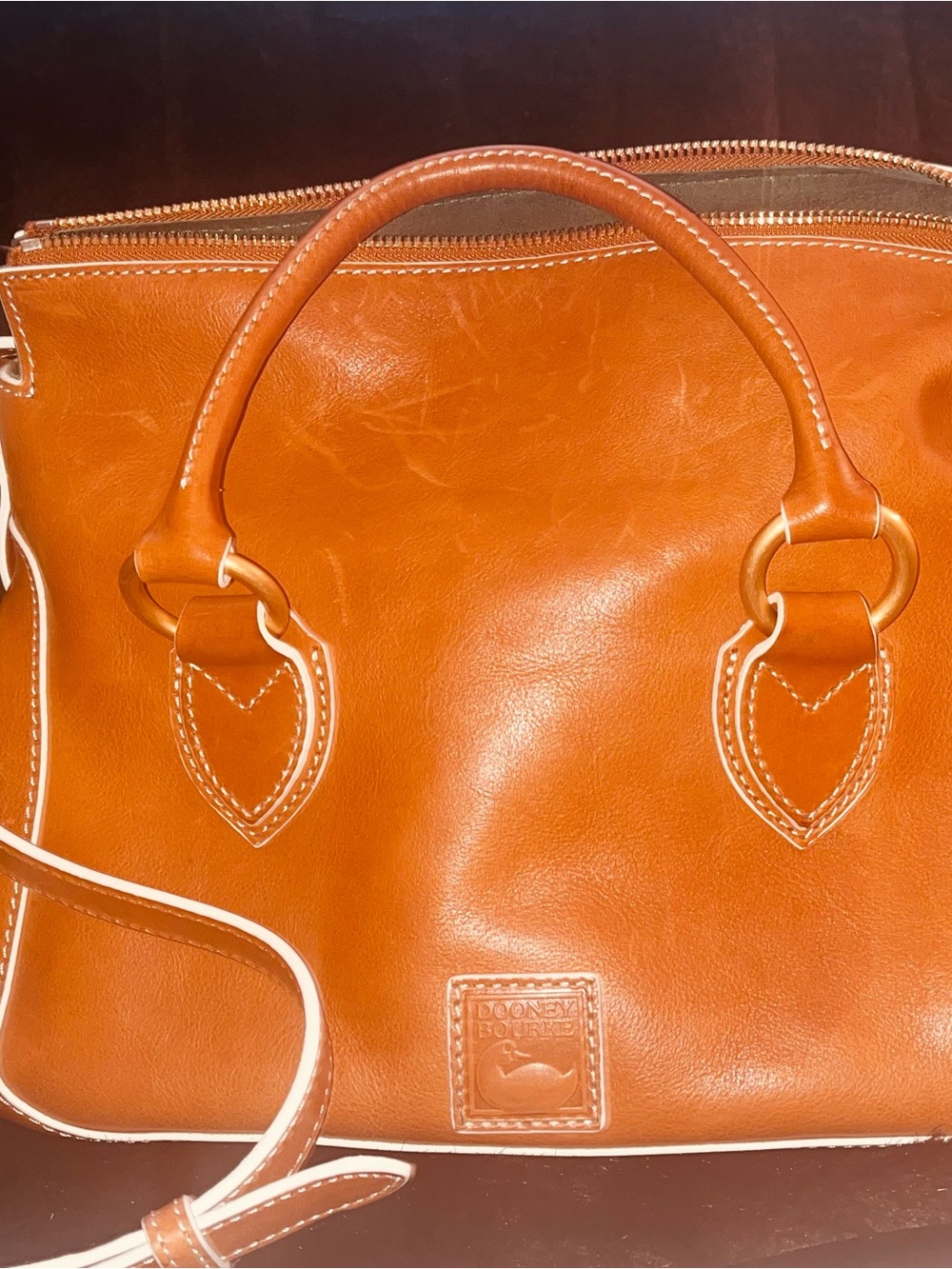 Dooney & Bourke Orange Leather Satchel with White Trim - Picture 2 of 6